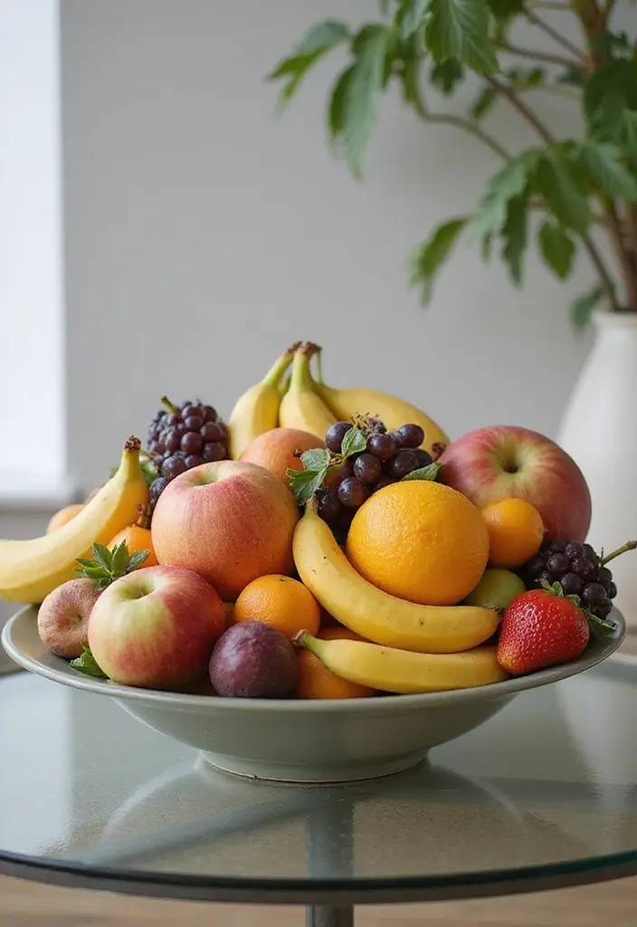 27 Dining Table Decor Ideas for Glass Tops and Open Spaces 4 27 Dining Table Decor Ideas for Glass Tops and Open Spaces - 2. Elegant Fruit Bowl Arrangement