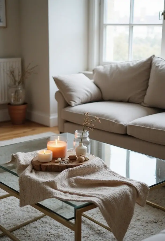 27 Glass Coffee Table Decor Ideas for a Sleek and Inviting Look 55 27 Glass Coffee Table Decor Ideas for a Sleek and Inviting Look - 15. Layering with Fabrics