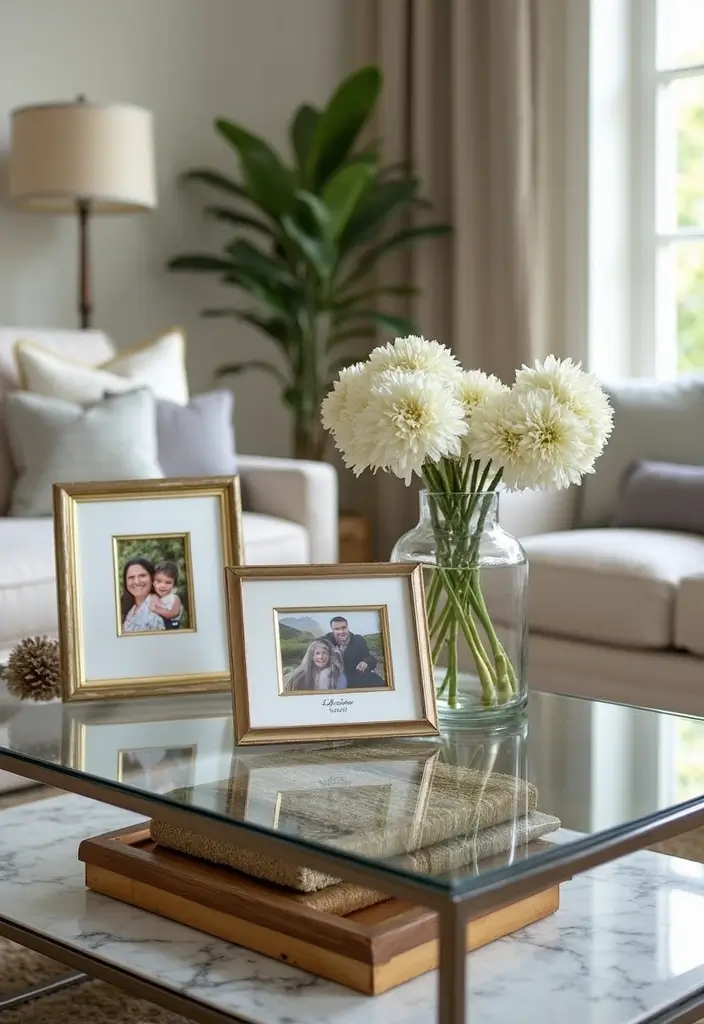 27 Glass Coffee Table Decor Ideas for a Sleek and Inviting Look 56 27 Glass Coffee Table Decor Ideas for a Sleek and Inviting Look - 16. Elegant Picture Frames