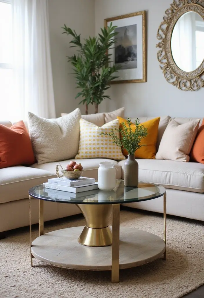27 Glass Coffee Table Decor Ideas for a Sleek and Inviting Look 63 27 Glass Coffee Table Decor Ideas for a Sleek and Inviting Look - 17. Colorful Throw Pillows