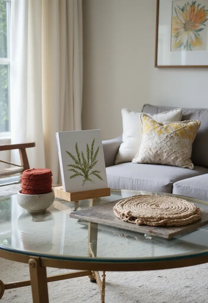 27 Glass Coffee Table Decor Ideas for a Sleek and Inviting Look 65 27 Glass Coffee Table Decor Ideas for a Sleek and Inviting Look - 19. Custom Art Pieces