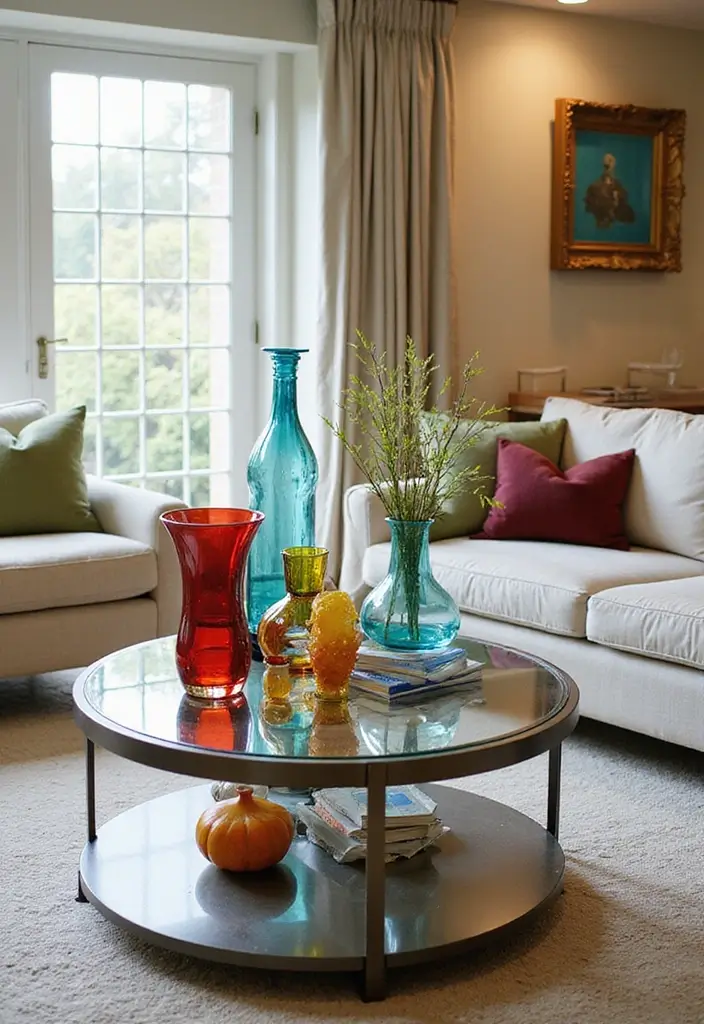 27 Glass Coffee Table Decor Ideas for a Sleek and Inviting Look 77 27 Glass Coffee Table Decor Ideas for a Sleek and Inviting Look - 23. Colorful Glass Accents
