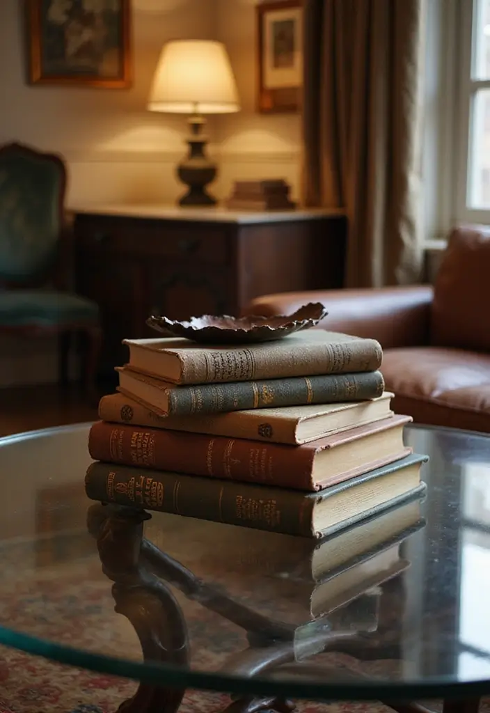 27 Glass Coffee Table Decor Ideas for a Sleek and Inviting Look 15 27 Glass Coffee Table Decor Ideas for a Sleek and Inviting Look - 3. Vintage Books Stack