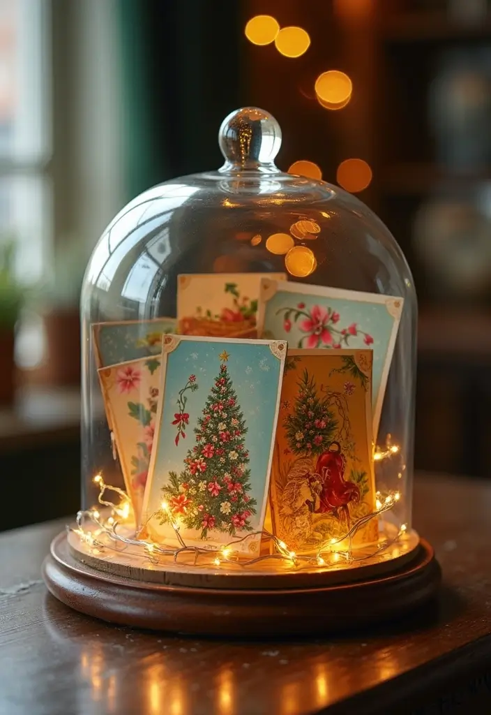 27 Glass Dome Christmas Decor Ideas for Magical Displays 39 27 Glass Dome Christmas Decor Ideas for Magical Displays - 15. Vintage Christmas Cards Delight