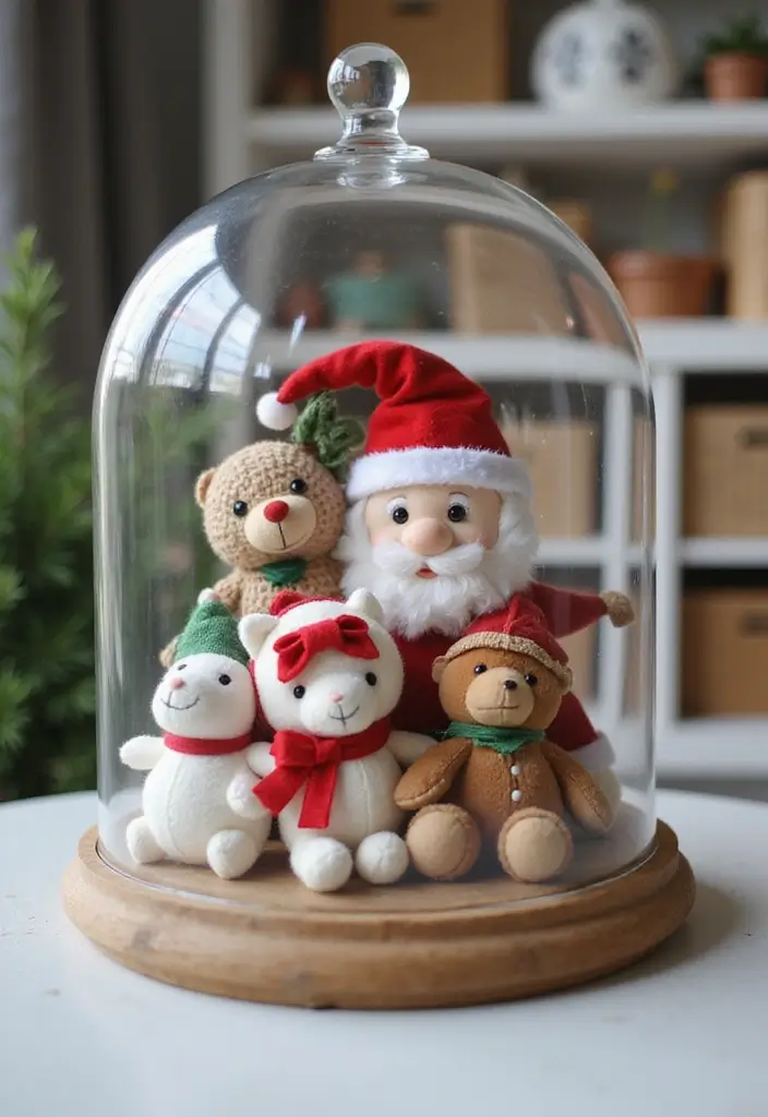 27 Glass Dome Christmas Decor Ideas for Magical Displays 50 27 Glass Dome Christmas Decor Ideas for Magical Displays - 20. Plush Toy Display