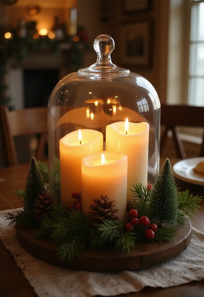 27 Glass Dome Christmas Decor Ideas for Magical Displays 7 27 Glass Dome Christmas Decor Ideas for Magical Displays - 5. Festive Candle Displays