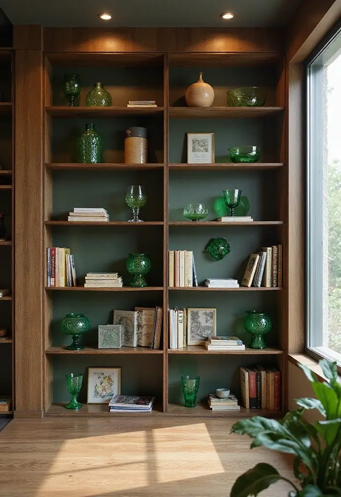27 Green Glass Home Decor Ideas for Calming Interiors 44 27 Green Glass Home Decor Ideas for Calming Interiors - 16. Green Glass Accents for Shelving