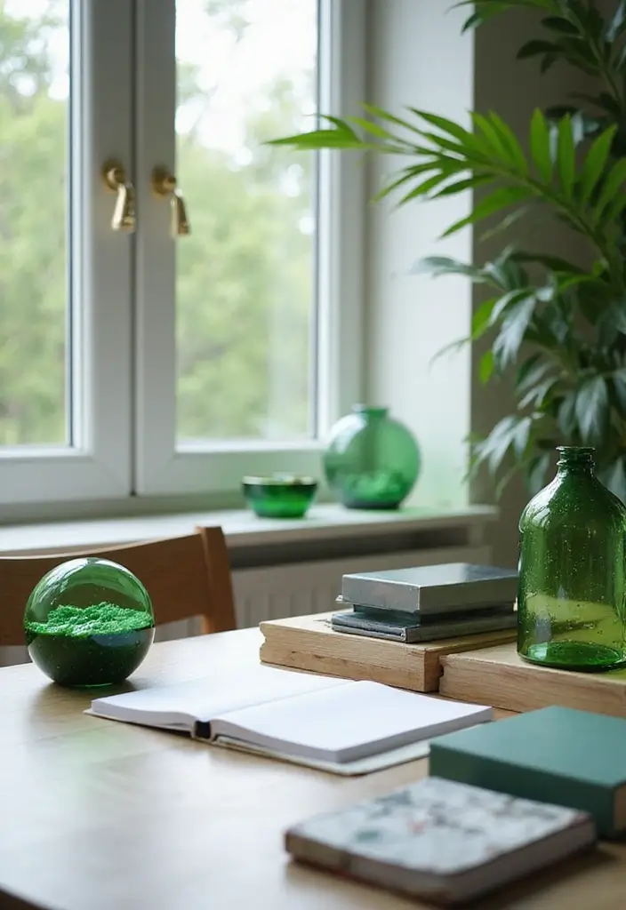 27 Green Glass Home Decor Ideas for Calming Interiors 63 27 Green Glass Home Decor Ideas for Calming Interiors - 21. Green Glass Home Office Accessories