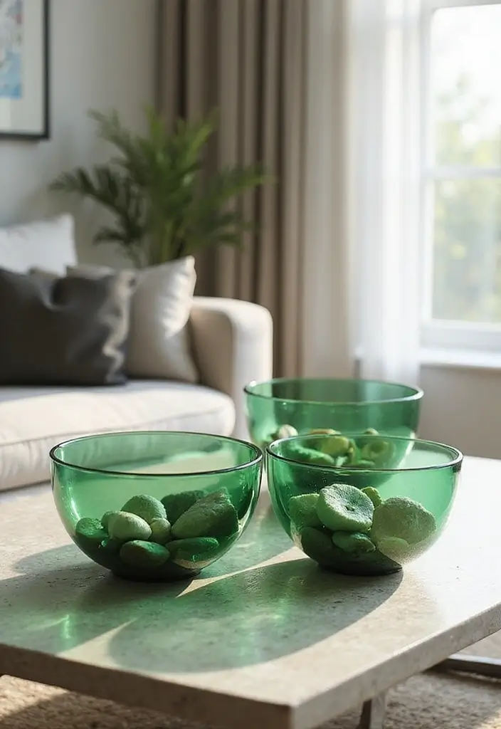 27 Green Glass Home Decor Ideas for Calming Interiors 4 27 Green Glass Home Decor Ideas for Calming Interiors - 4. Decorative Green Glass Bowls