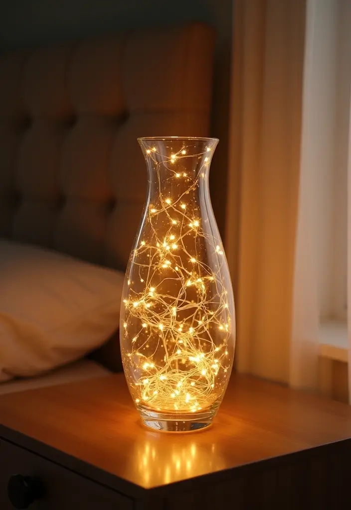 27 Long Glass Vase Decor Ideas for Tables, Shelves and Corners 64 27 Long Glass Vase Decor Ideas for Tables, Shelves and Corners - 16. Warm Lighting with Fairy Lights