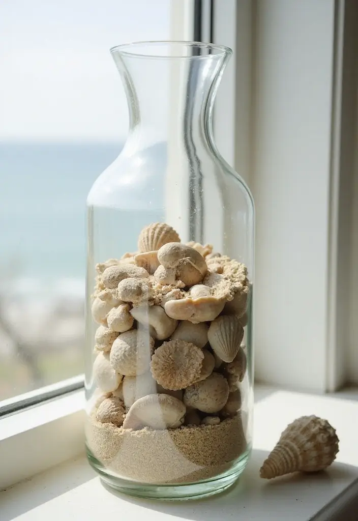 27 Long Glass Vase Decor Ideas for Tables, Shelves and Corners 65 27 Long Glass Vase Decor Ideas for Tables, Shelves and Corners - 17. Shell and Sand Display