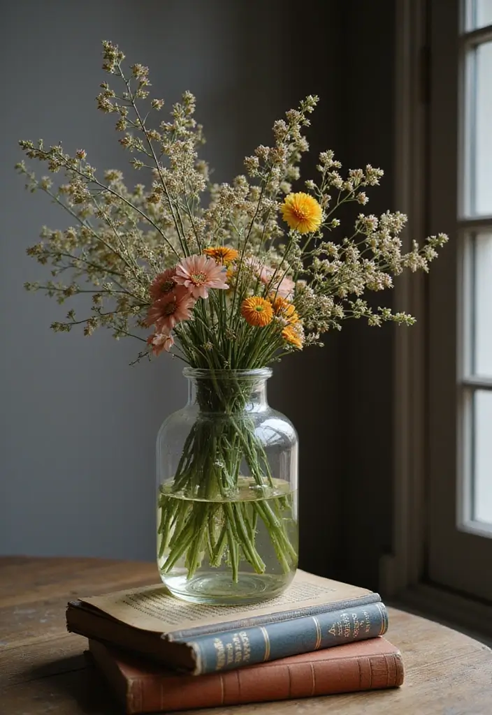 27 Long Glass Vase Decor Ideas for Tables, Shelves and Corners 66 27 Long Glass Vase Decor Ideas for Tables, Shelves and Corners - 18. Vintage Book Decor