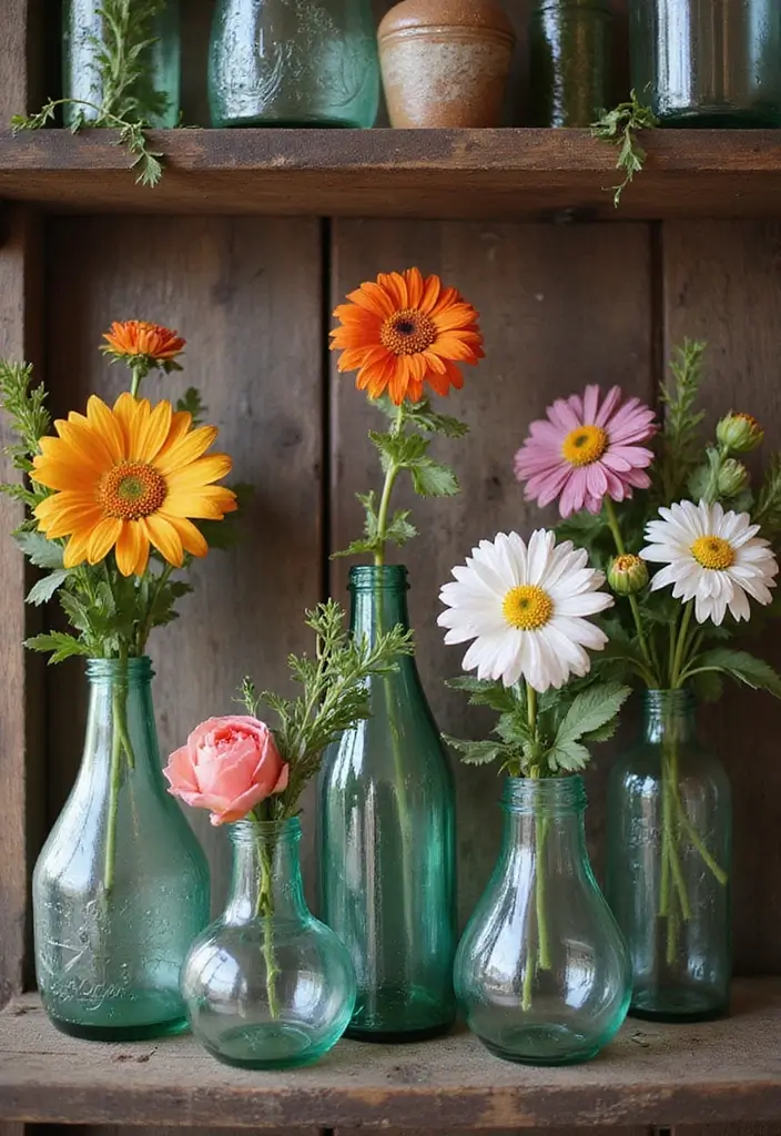 27 Long Glass Vase Decor Ideas for Tables, Shelves and Corners 89 27 Long Glass Vase Decor Ideas for Tables, Shelves and Corners - 27. Vintage Glass Bottles as Vases
