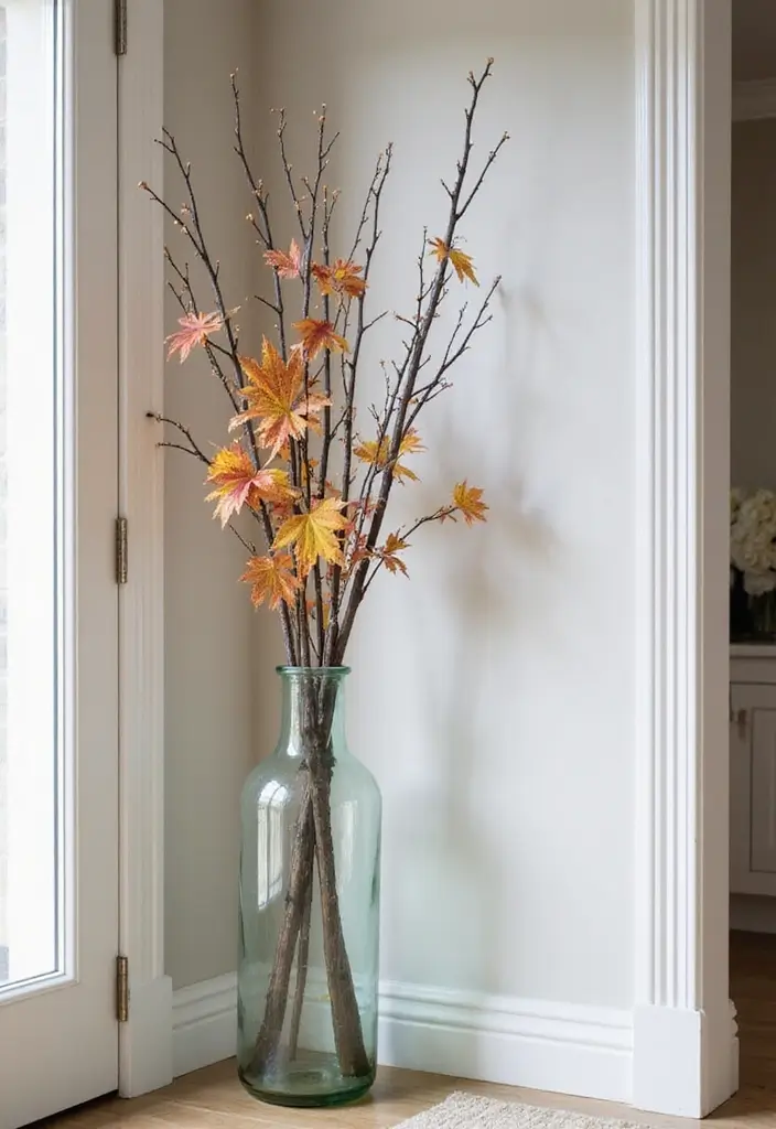 27 Long Glass Vase Decor Ideas for Tables, Shelves and Corners 15 27 Long Glass Vase Decor Ideas for Tables, Shelves and Corners - 3. Seasonal Decor with Branches