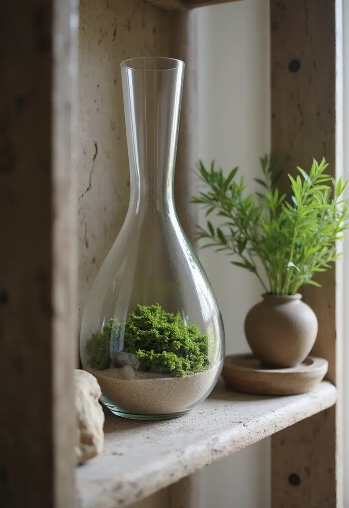 27 Long Glass Vase Decor Ideas for Tables, Shelves and Corners 16 27 Long Glass Vase Decor Ideas for Tables, Shelves and Corners - 4. Earthy Element Displays