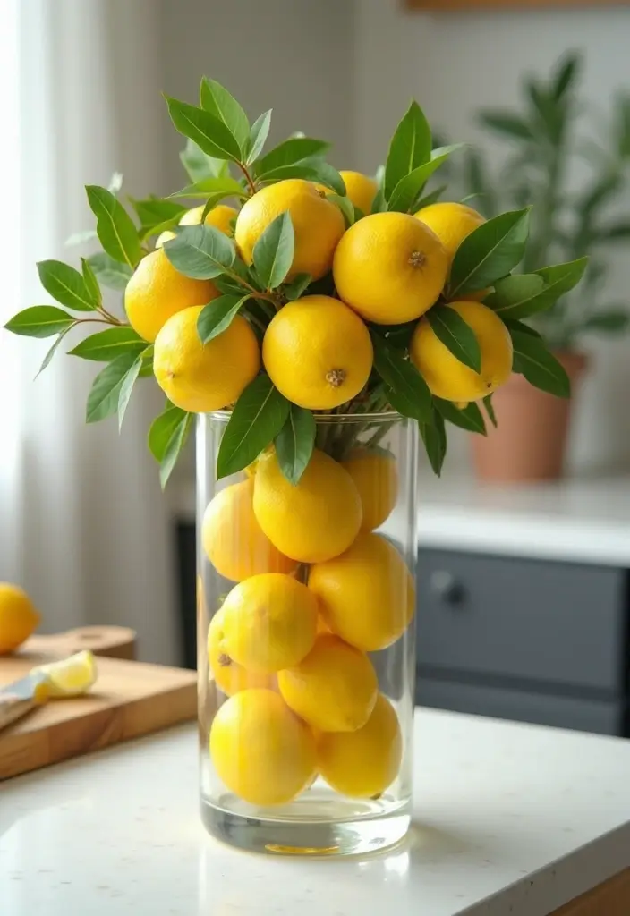 27 Long Glass Vase Decor Ideas for Tables, Shelves and Corners 24 27 Long Glass Vase Decor Ideas for Tables, Shelves and Corners - 6. Seasonal Fruits and Veggies