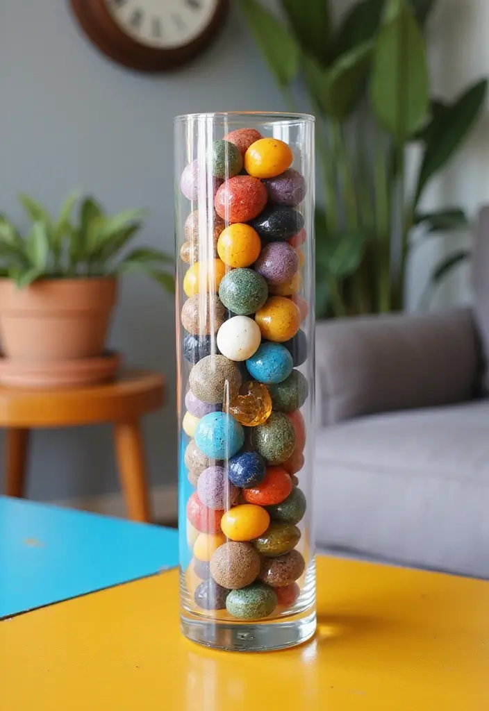 27 Long Glass Vase Decor Ideas for Tables, Shelves and Corners 34 27 Long Glass Vase Decor Ideas for Tables, Shelves and Corners - 8. Colorful Marbles and Accents