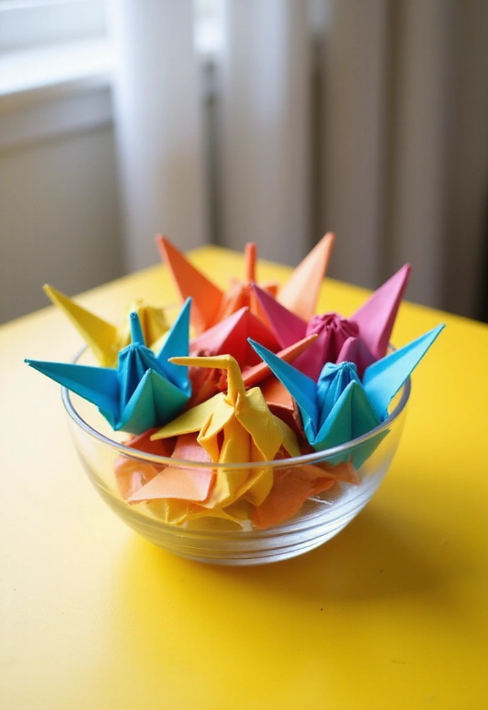 27 Shallow Glass Bowl Decor Ideas for Simple Table Styling 42 27 Shallow Glass Bowl Decor Ideas for Simple Table Styling - 16. Artistic Paper Cranes