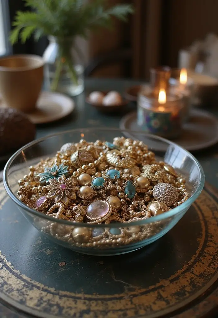 27 Shallow Glass Bowl Decor Ideas for Simple Table Styling 76 27 Shallow Glass Bowl Decor Ideas for Simple Table Styling - 26. Exquisite Vintage Jewelry