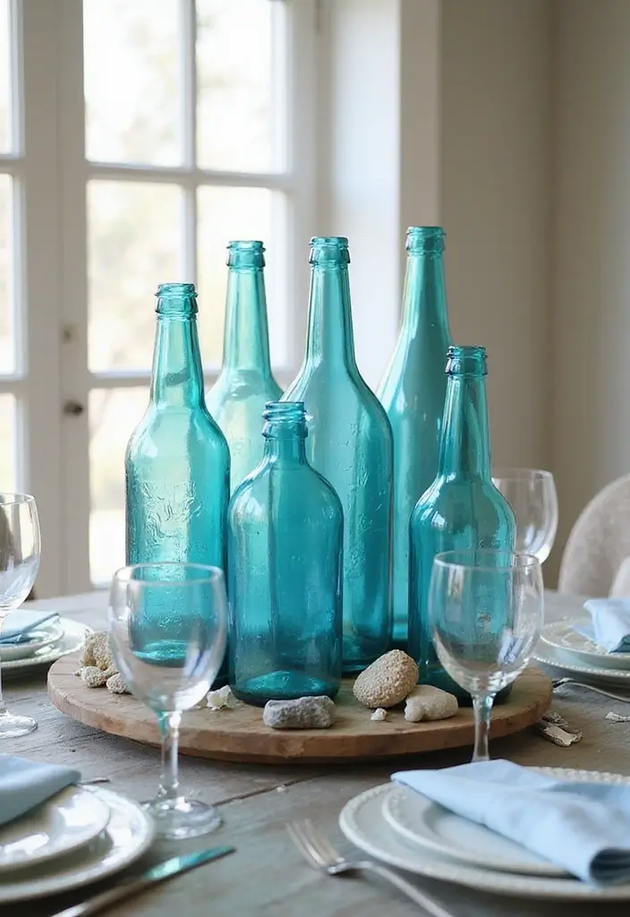 28 Blue Glass Bottle Decor Ideas That Add a Pop of Color 1 28 Blue Glass Bottle Decor Ideas That Add a Pop of Color - 1. Coastal Centerpiece