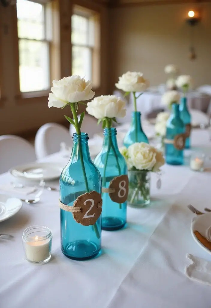 28 Blue Glass Bottle Decor Ideas That Add a Pop of Color 22 28 Blue Glass Bottle Decor Ideas That Add a Pop of Color - 10. Rustic Table Numbers