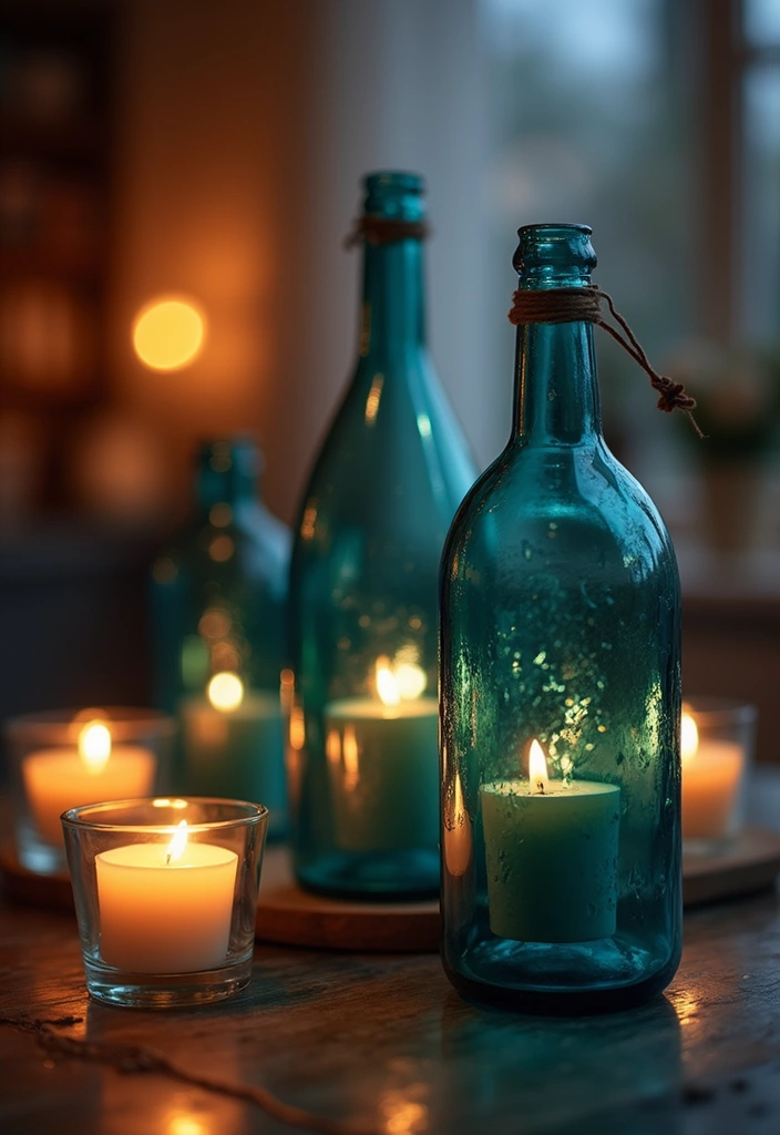 28 Blue Glass Bottle Decor Ideas That Add a Pop of Color 34 28 Blue Glass Bottle Decor Ideas That Add a Pop of Color - 12. Beach-Inspired Candle Holders