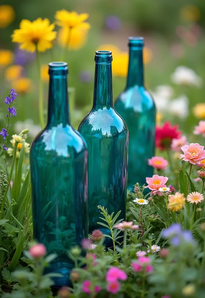 28 Blue Glass Bottle Decor Ideas That Add a Pop of Color 40 28 Blue Glass Bottle Decor Ideas That Add a Pop of Color - 14. Outdoor Garden Accents