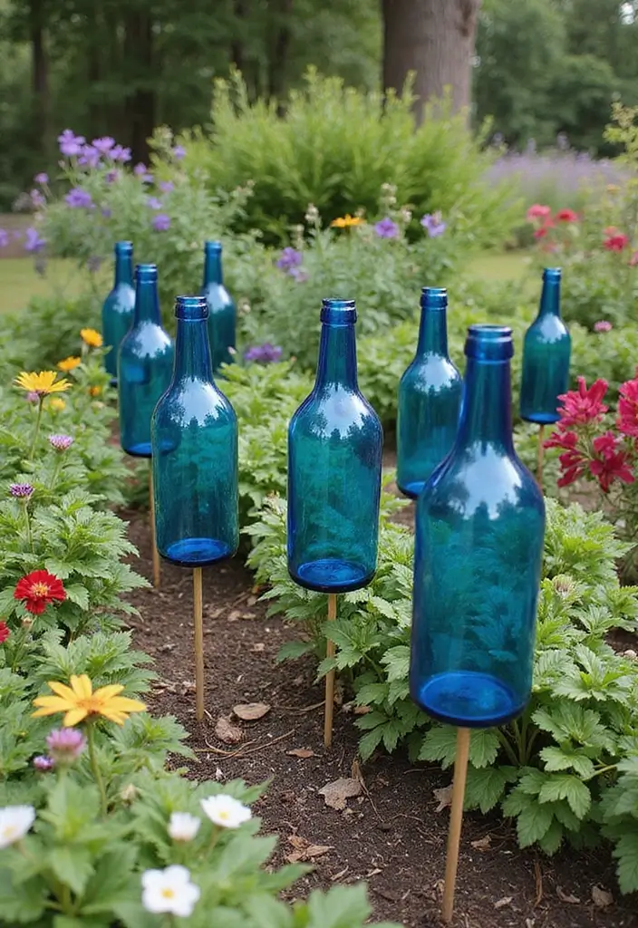 28 Blue Glass Bottle Decor Ideas That Add a Pop of Color 42 28 Blue Glass Bottle Decor Ideas That Add a Pop of Color - 16. Whimsical Garden Stakes