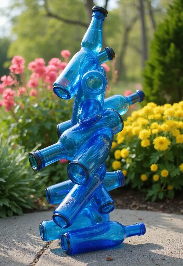28 Blue Glass Bottle Decor Ideas That Add a Pop of Color 66 28 Blue Glass Bottle Decor Ideas That Add a Pop of Color - 22. Artistic Sculptures
