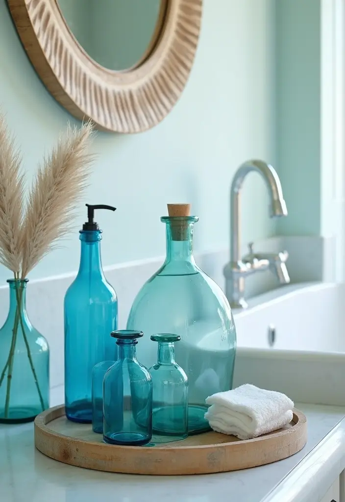 28 Blue Glass Bottle Decor Ideas That Add a Pop of Color 9 28 Blue Glass Bottle Decor Ideas That Add a Pop of Color - 3. Beach-Inspired Bathroom Decor