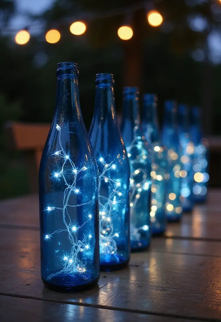28 Blue Glass Bottle Decor Ideas That Add a Pop of Color 18 28 Blue Glass Bottle Decor Ideas That Add a Pop of Color - 6. Blue Bottle Lanterns