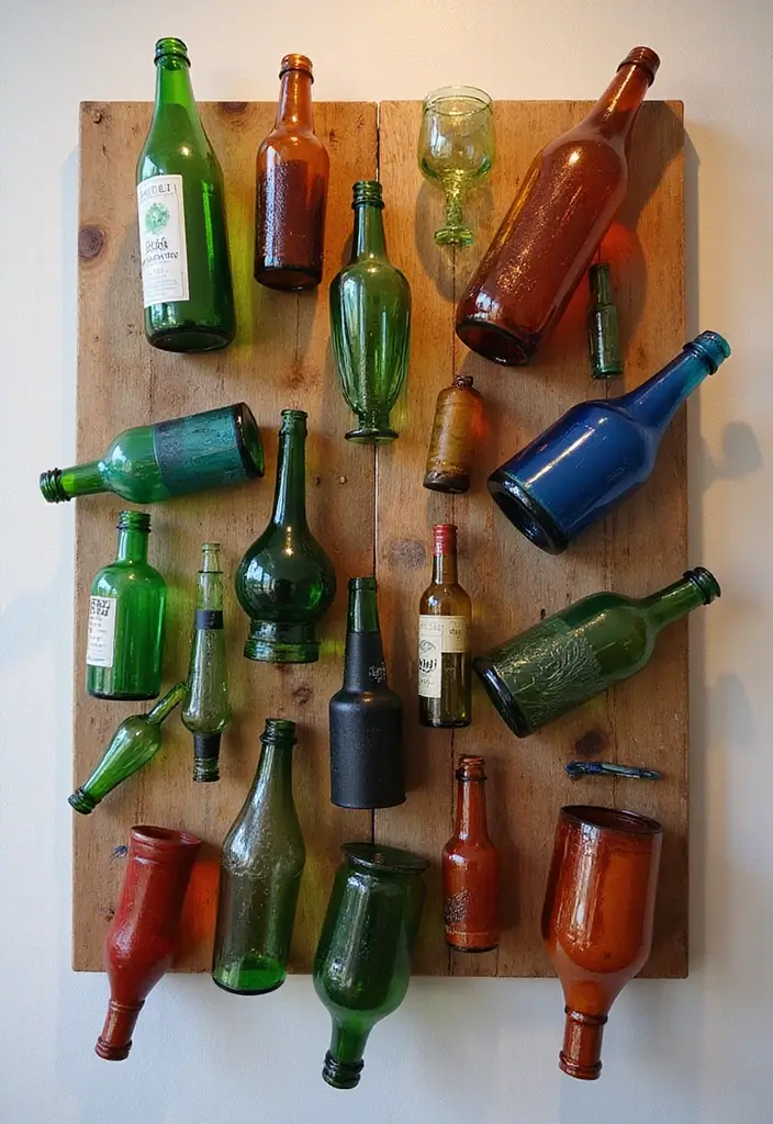 28 DIY Glass Bottle Craft Ideas to Upgrade Your Home Decor 52 28 DIY Glass Bottle Craft Ideas to Upgrade Your Home Decor - 12. Artistic Glass Bottle Wall Art