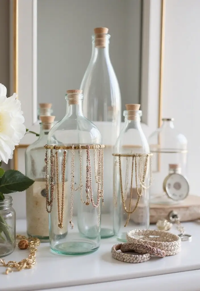 28 DIY Glass Bottle Craft Ideas to Upgrade Your Home Decor 70 28 DIY Glass Bottle Craft Ideas to Upgrade Your Home Decor - 16. Glass Bottle Jewelry Holders