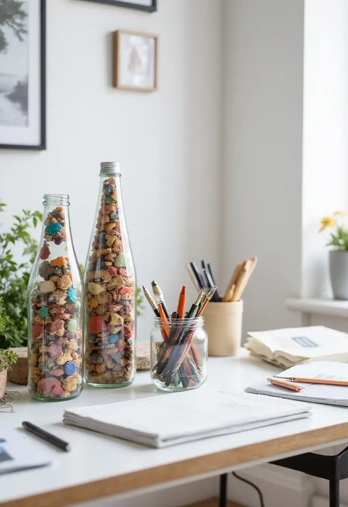 28 DIY Glass Bottle Craft Ideas to Upgrade Your Home Decor 90 28 DIY Glass Bottle Craft Ideas to Upgrade Your Home Decor - 24. Decorative Glass Bottle Desk Organizers