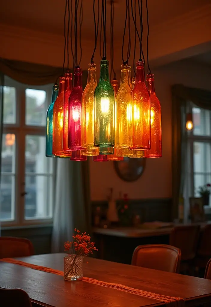 28 DIY Glass Bottle Craft Ideas to Upgrade Your Home Decor 92 28 DIY Glass Bottle Craft Ideas to Upgrade Your Home Decor - 26. Colorful Glass Bottle Chandelier