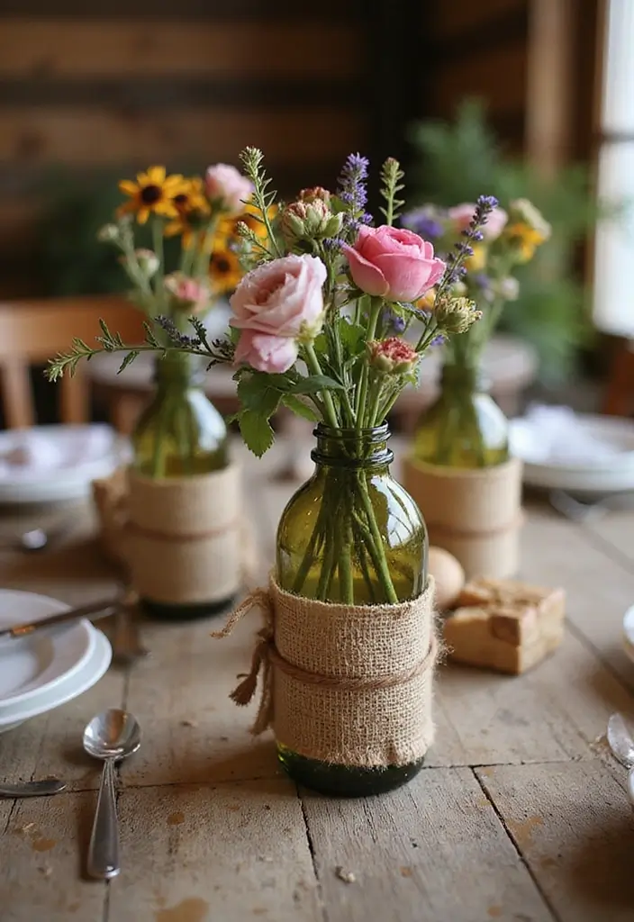 28 DIY Glass Bottle Craft Ideas to Upgrade Your Home Decor 9 28 DIY Glass Bottle Craft Ideas to Upgrade Your Home Decor - 3. Rustic Bottle Centerpieces