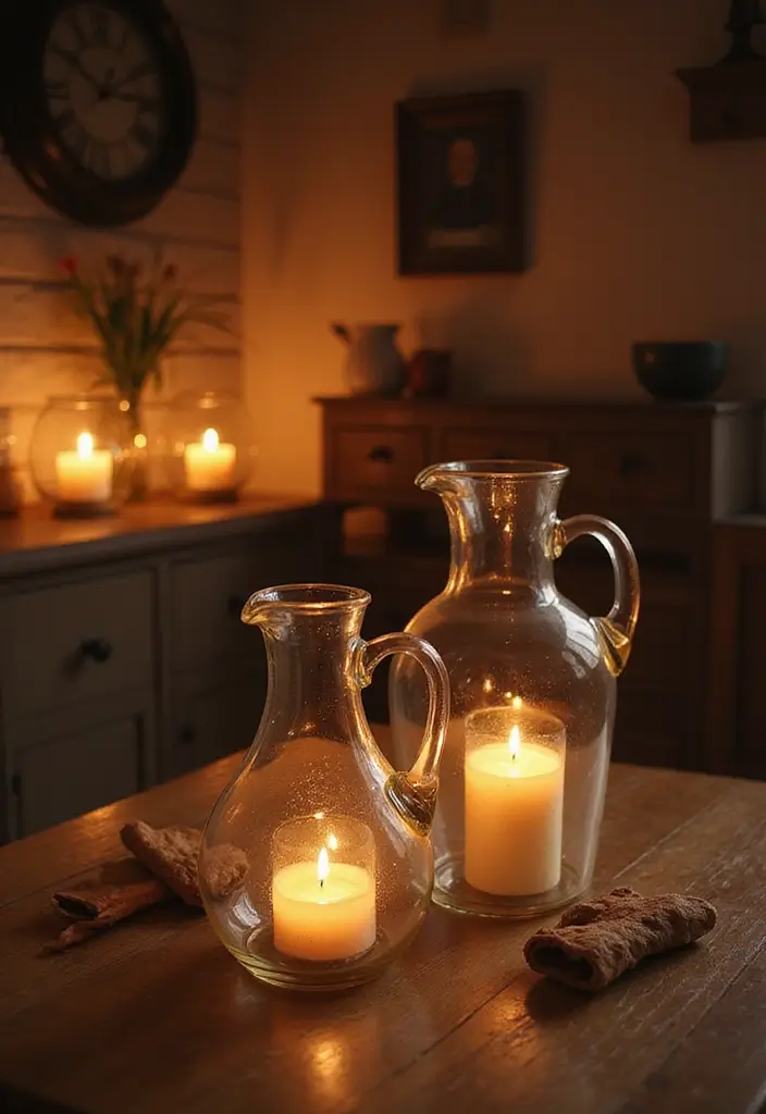 28 Glass Water Jug Decor Ideas for Kitchen and Dining Spaces - 19. Jugs as Candle Holders