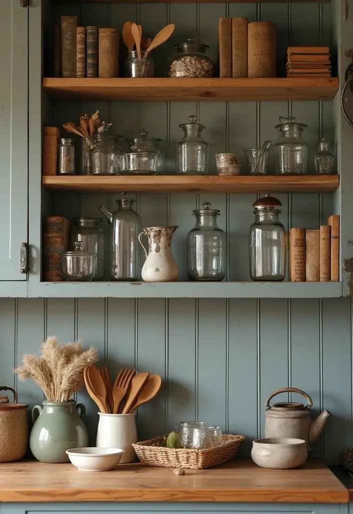 28 Glass Water Jug Decor Ideas for Kitchen and Dining Spaces - 2. Rustic Kitchen Shelf Display