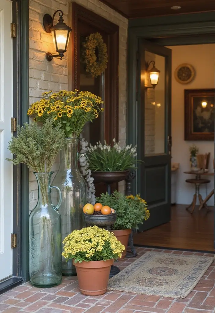 28 Glass Water Jug Decor Ideas for Kitchen and Dining Spaces - 24. Vintage Jug Arrangement for Entryways