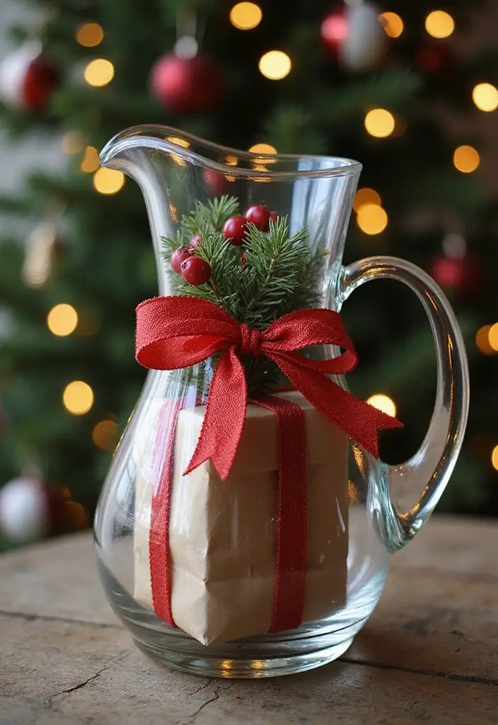 28 Glass Water Jug Decor Ideas for Kitchen and Dining Spaces - 27. Holiday Gift Wrapping