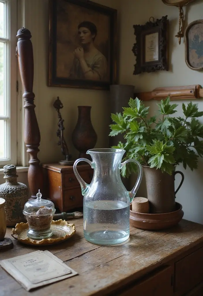 28 Glass Water Jug Decor Ideas for Kitchen and Dining Spaces - 5. Combined with Vintage Finds