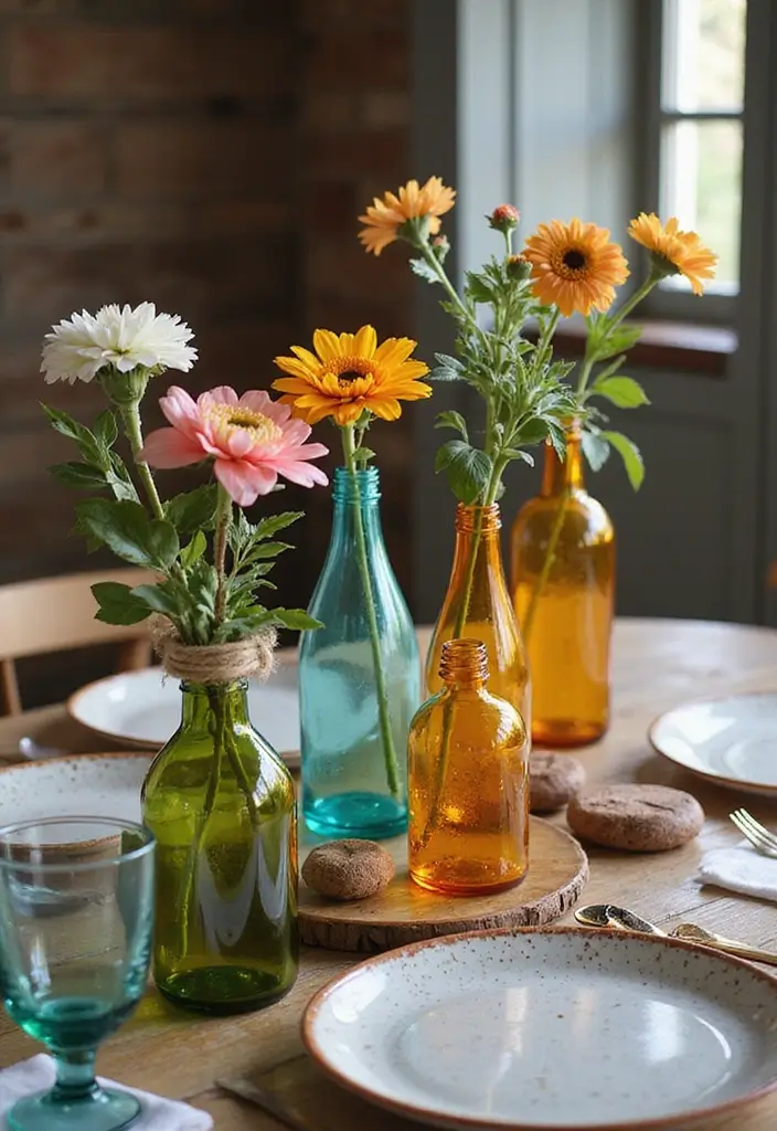 28 Vintage Glass Bottle Decor Ideas That Tell a Story - 1. Colorful Bottle Centerpiece