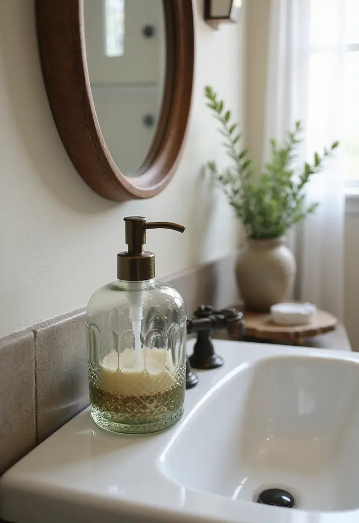 28 Vintage Glass Bottle Decor Ideas That Tell a Story - 14. Vintage Glass Bottle Soap Dispenser