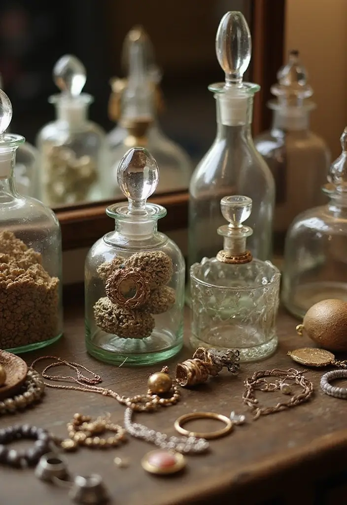 28 Vintage Glass Bottle Decor Ideas That Tell a Story - 17. Vintage Bottle Jewelry Display