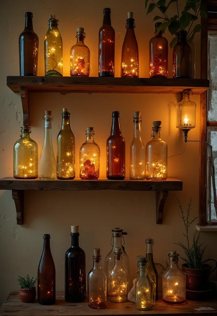 28 Vintage Glass Bottle Decor Ideas That Tell a Story - 2. Rustic Bottle Wall Display