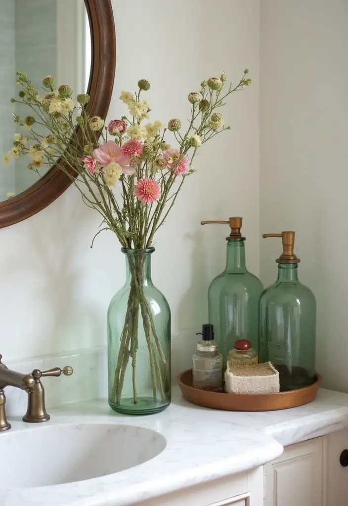 28 Vintage Glass Bottle Decor Ideas That Tell a Story - 21. Vintage Glass Bottle Bathroom Decor