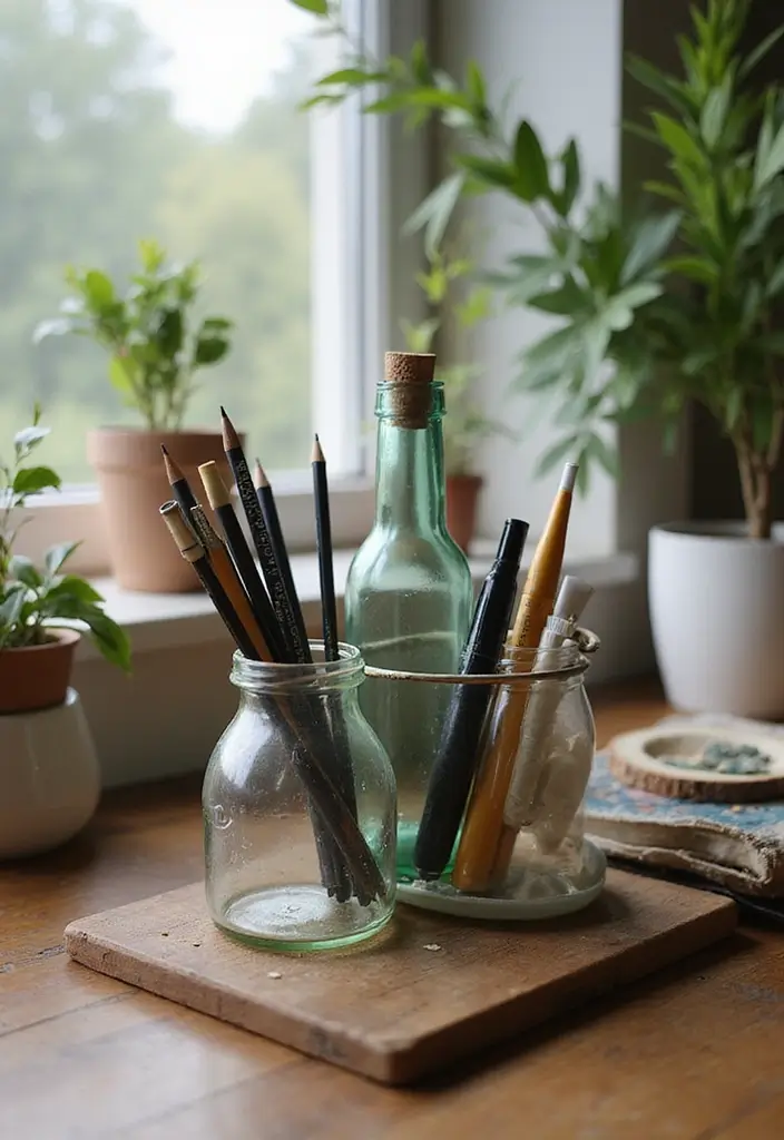 28 Vintage Glass Bottle Decor Ideas That Tell a Story - 22. Vintage Bottle Desk Organizer