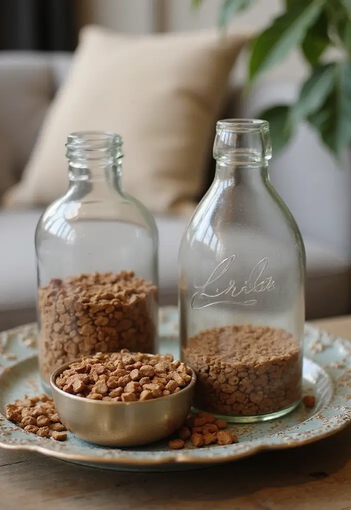 28 Vintage Glass Bottle Decor Ideas That Tell a Story - 25. Vintage Glass Bottle Pet Feeding Station