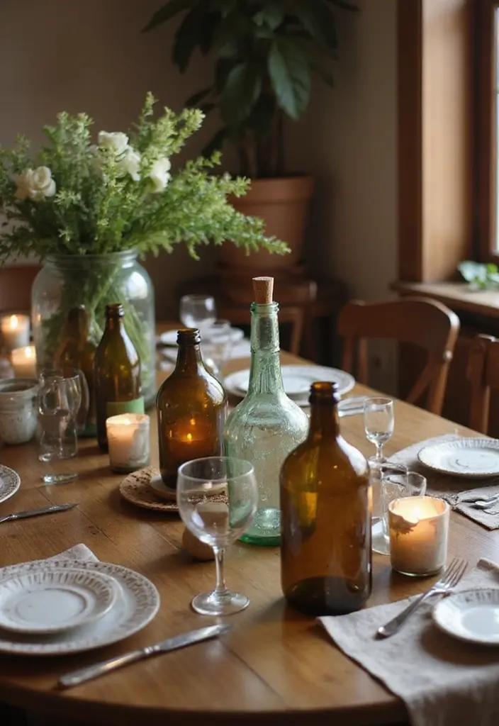 28 Vintage Glass Bottle Decor Ideas That Tell a Story - 9. Glass Bottle Table Decor