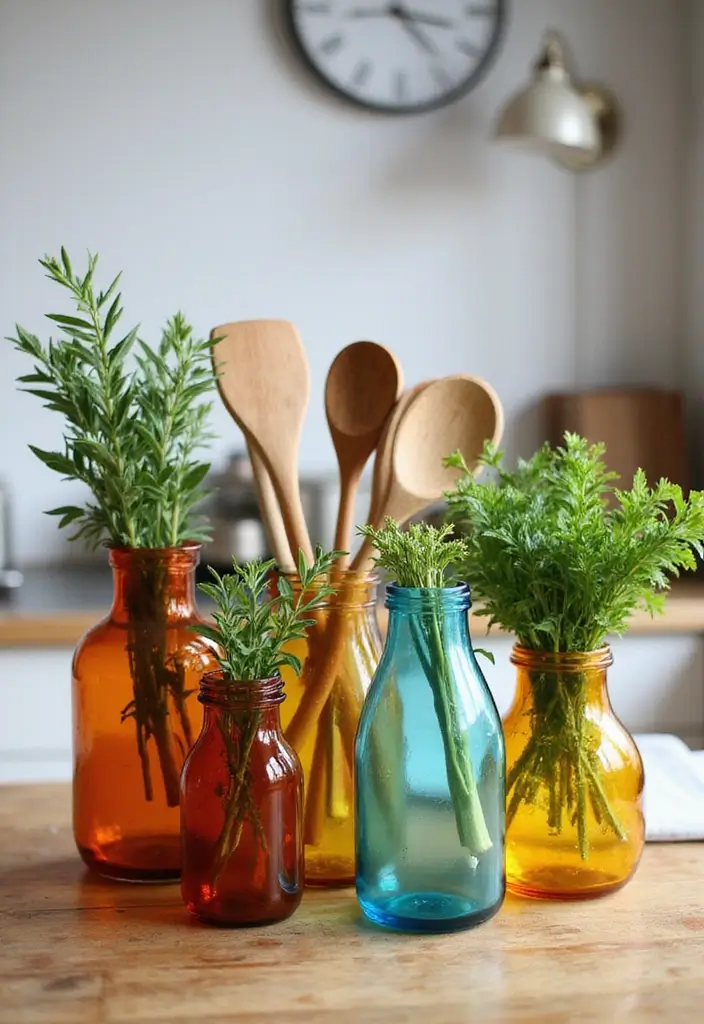 30 Colored Glass Vase Decor Ideas for Vibrant Home Accents 61 30 Colored Glass Vase Decor Ideas for Vibrant Home Accents - 15. Kitchen Counter Arrangements